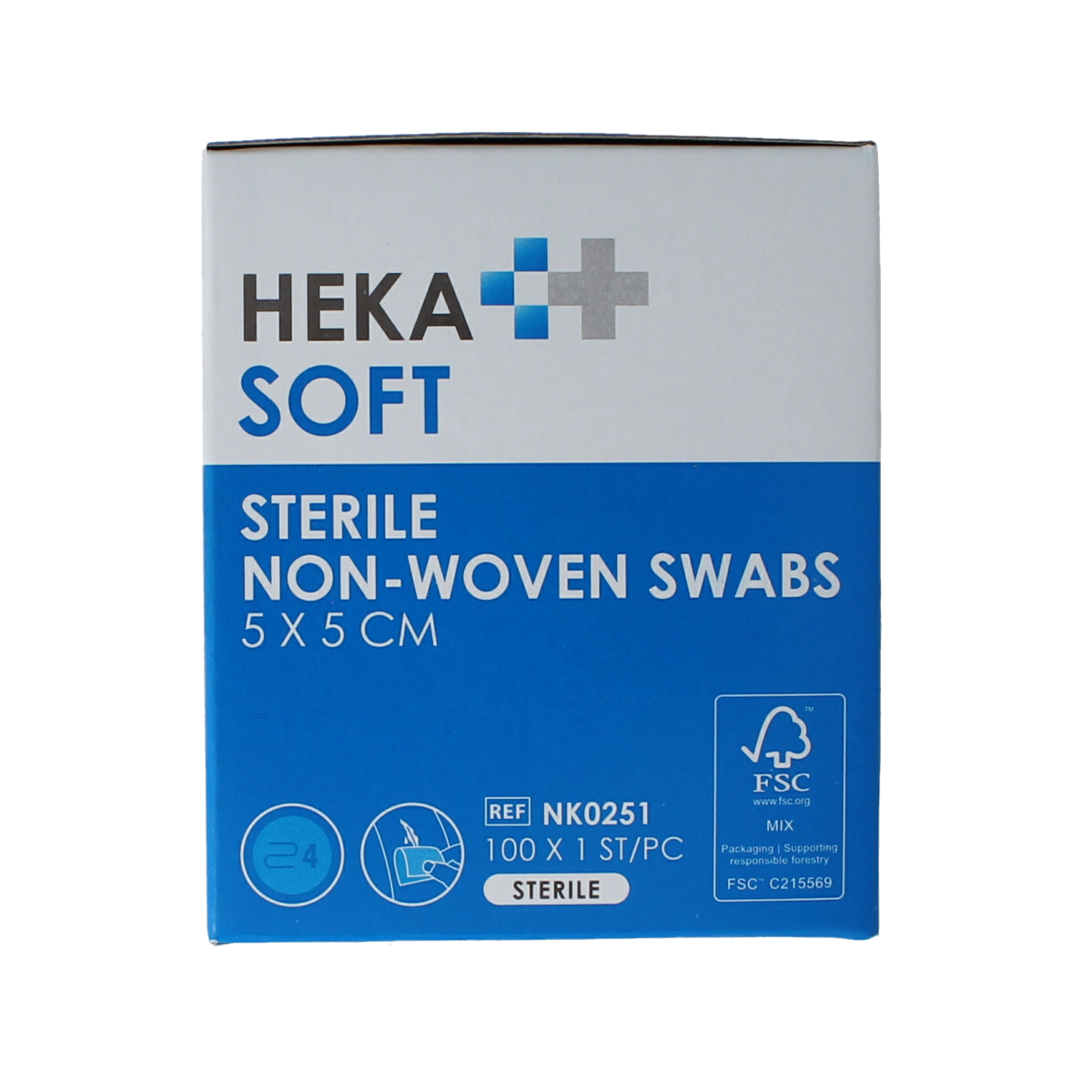 Sterile Heka Soft non-woven compress 5x5 cm, 100 pcs, medical gauze for wound care and first aid.