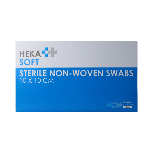 Heka Soft non-woven gauze compress 10x10cm, pack of 100 sterile medical dressings for wound care.