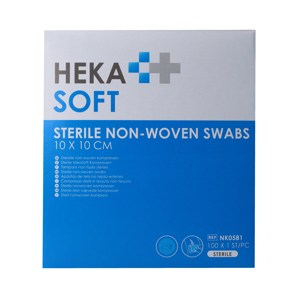 Heka Soft non-woven gauze compresses, 10x10cm, pack of 100 for wound care and medical use.
