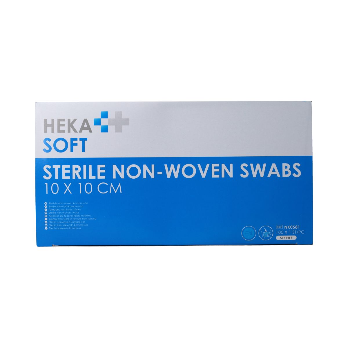 Heka Soft non-woven gauze compress 10x10cm, pack of 100 sterile medical dressings, suitable for wound care and first aid.
