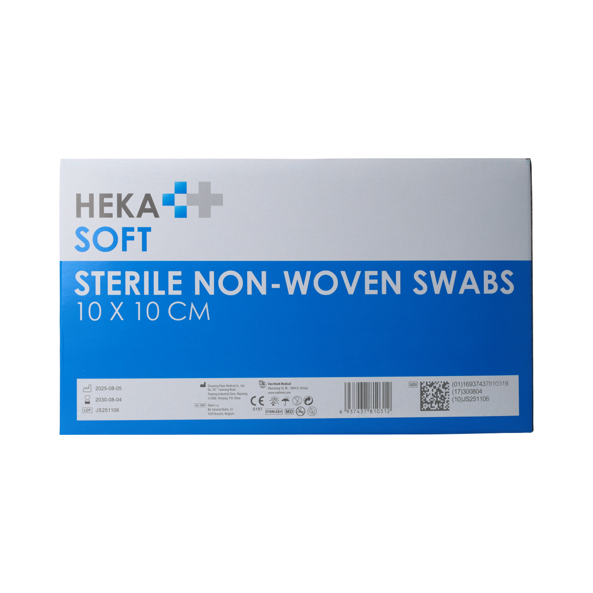 Heka Soft non-woven gauze compress 10x10cm, sterile medical dressing, pack of 100 for wound care and first aid.