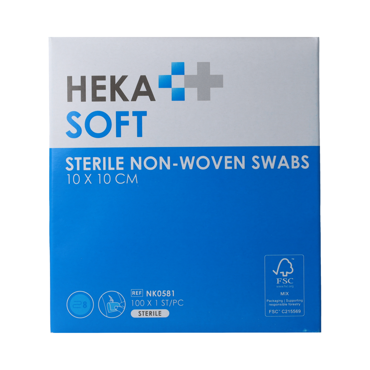 Heka Soft non-woven compresses 10x10cm, sterile gauze pads for medical use, shown in a stack with packaging.