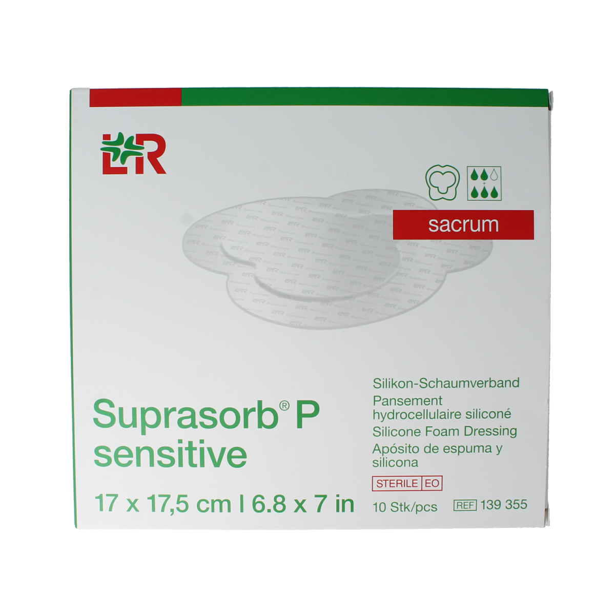 Suprasorb P Sensitive wound dressing in 17x17.5cm size, pack of 10, designed for gentle wound care and sensitive skin.
