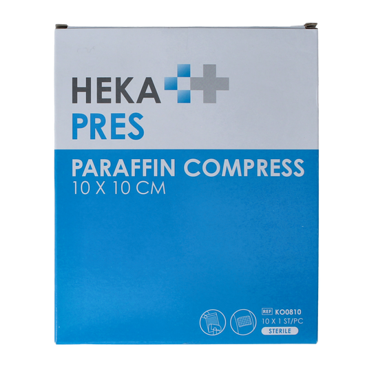 Hekapres Zalfkompres 10x10cm gauze compress pack, sterile medical dressings for wound care, 10-piece set.