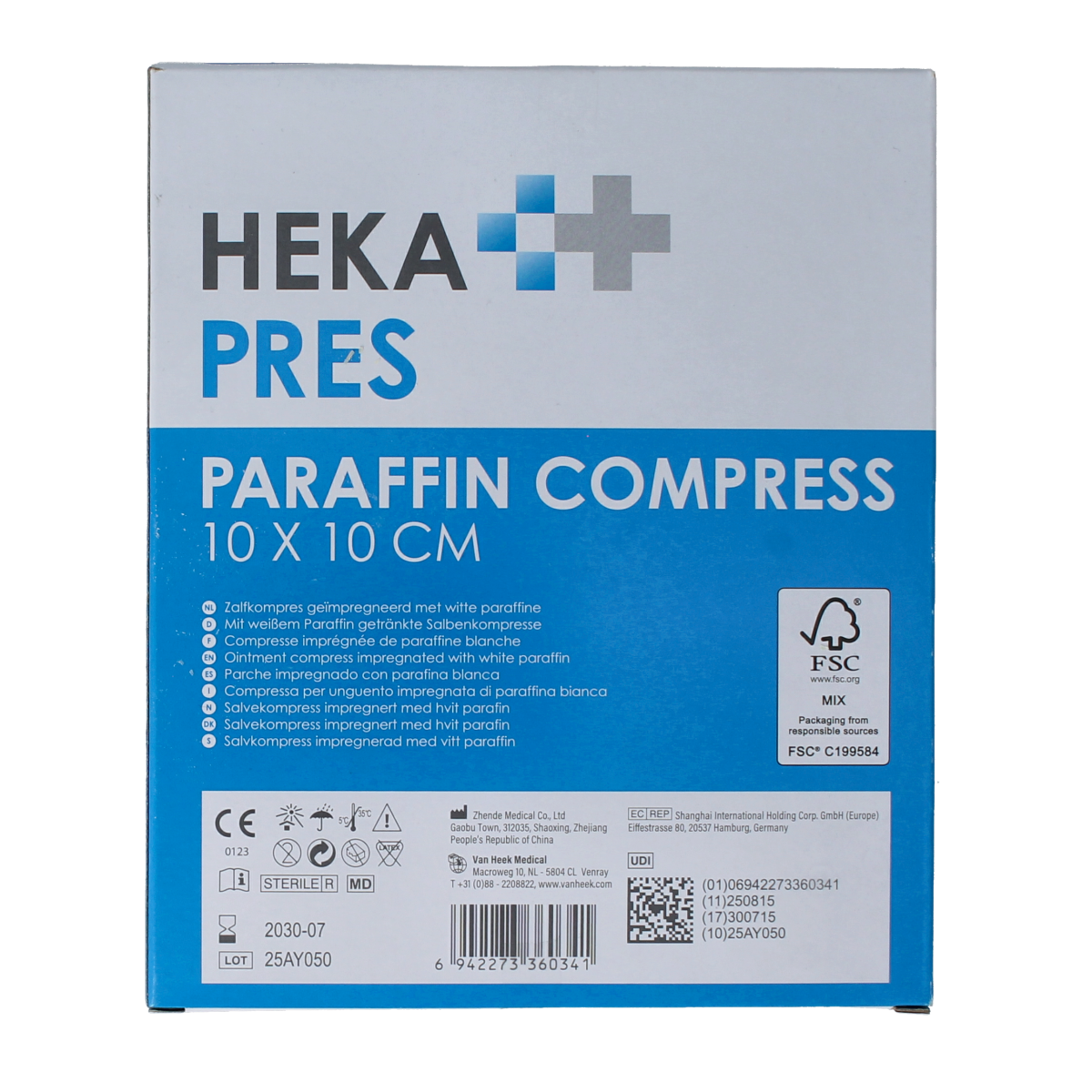 Hekapres Zalfkompres 10x10cm sterile gauze and compress packs, 10 pieces, for wound care and medical use.