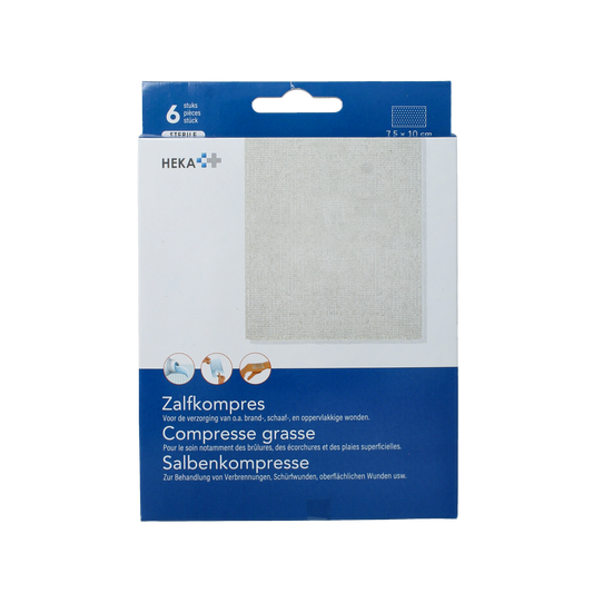 Sterile Heka Zalfcompres gauze and compresses, 7.5 x 10 cm, pack of six, for wound care and medical use