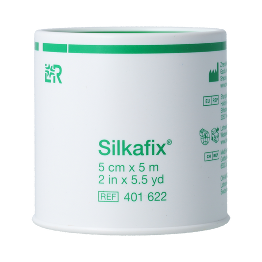 Silkafix latex-free silk adhesive bandage 5m x 5cm for wound care, showing the sterile, flexible dressing on a white background.