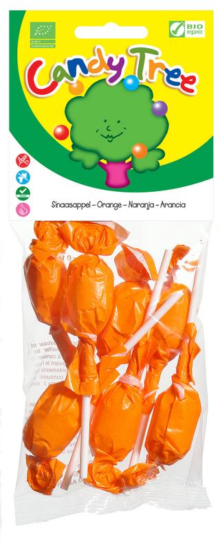 Organic Candy Tree orange knots, a set of 7 pieces of chewy citrus-flavored candy in a clear package.