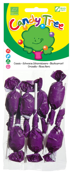 Candy Tree Cassisknotsen bio, 7-piece package of colorful organic candy knots, shown in a close-up image.