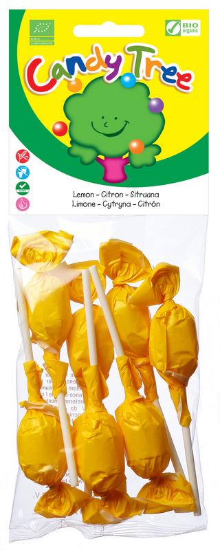 Candy Tree Citroenknotsen bio, 7-piece natural candy knots with lemon flavor, arranged on a white background.