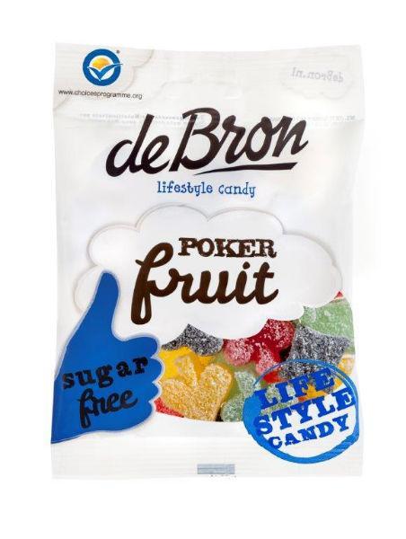 De Bron Pokerfruit suikervrij snoepgoed in 90g package, colorful fruity candies with sugar-free ingredients.