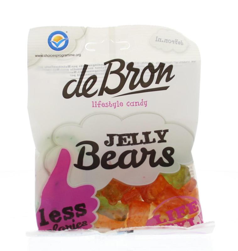 De Bron suikervrije Gombeertjes jelly bears in 90g pack, colorful sugar-free chewy candy for snacking.