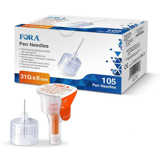 Fora FORA Pennaalden 31G 6mm lancetten pack with 105 sterile insulin pen needles for blood glucose testing.