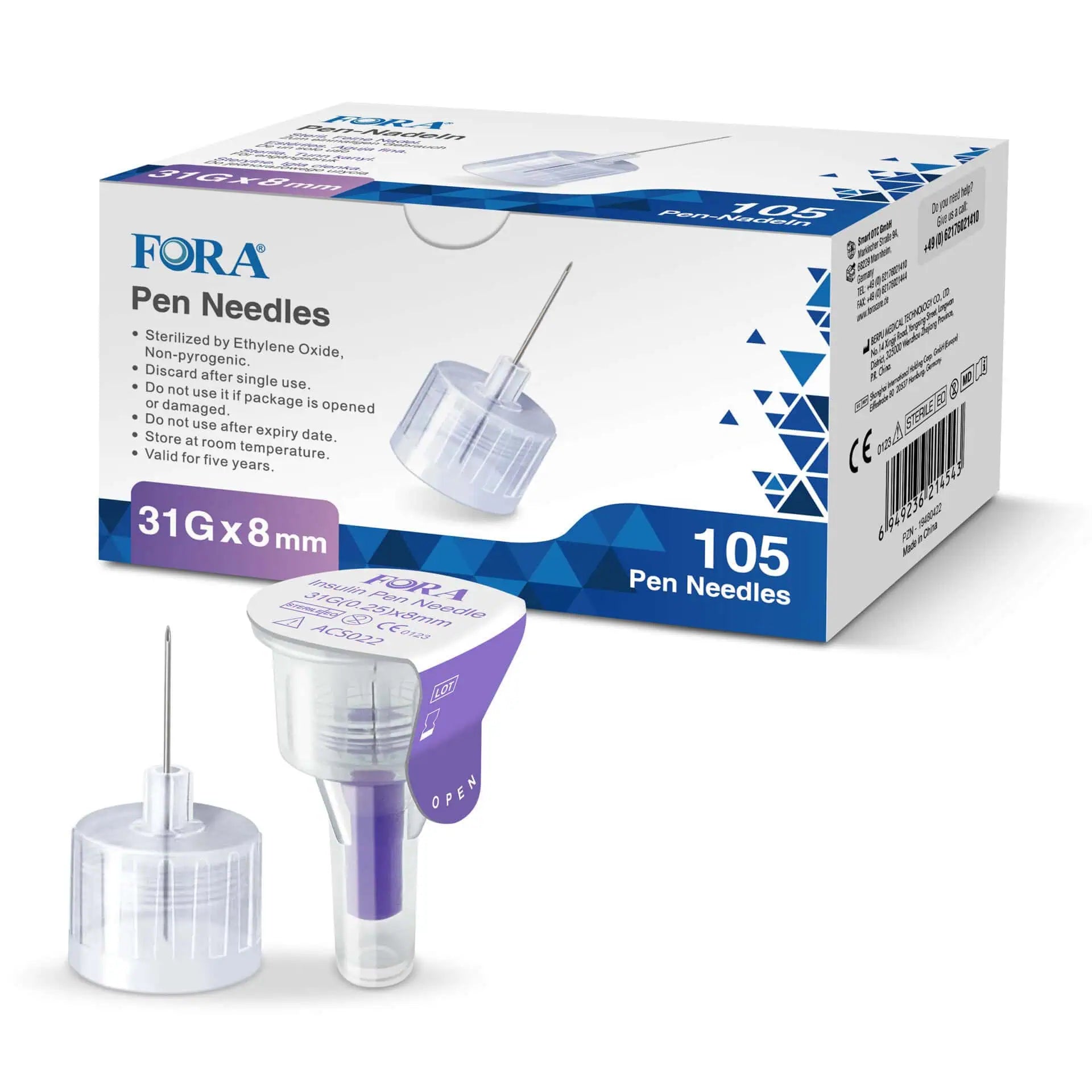 Fora FORA Pennaalden 31G 8mm lancetten and needles, 105-pack, shown in blister pack for blood testing or glucose monitoring.