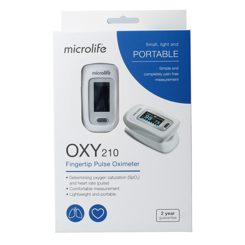 Microlife OXY210 pulse oximeter showing digital display and sensor for measuring blood oxygen levels and heart rate.