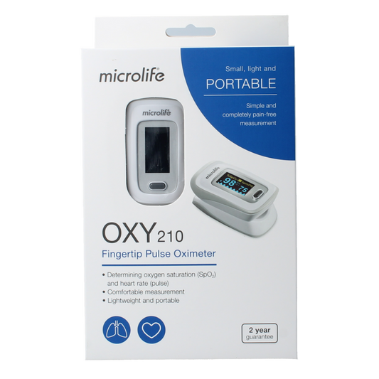 Microlife OXY210 pulse oximeter showing digital display and sensor for measuring blood oxygen levels and heart rate.