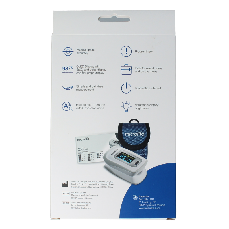 Microlife OXY210 pulse oximeter displaying oxygen saturation and pulse rate on a digital screen.