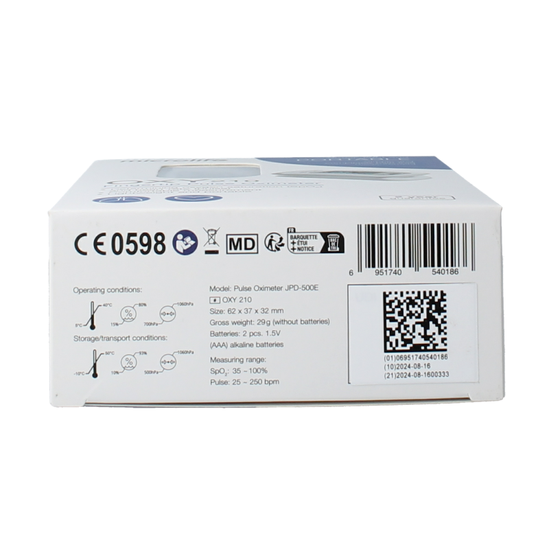 Microlife OXY210 pulse oximeter displaying finger placement and reading screen for measuring blood oxygen levels.