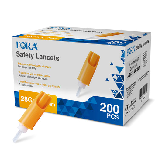 Fora veiligheidslancetten 28G, 200 stuks, sterile lancetten and needles for blood sampling, arranged on a white background.