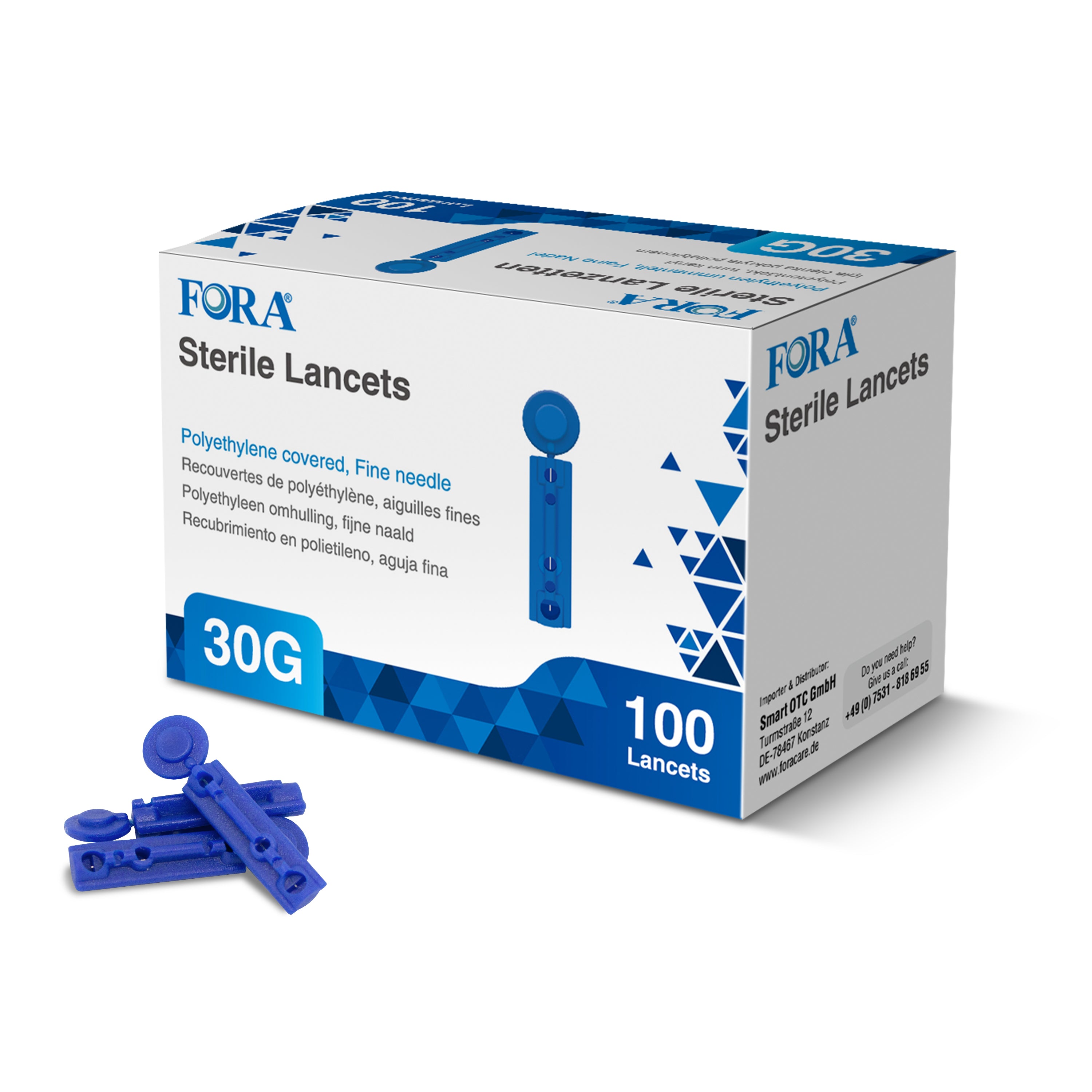 Fora FORA Lancetten 30G, pack of 100, thin lancets and needles for blood sampling, in sterile packaging.