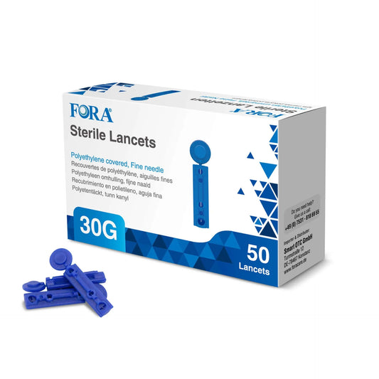 Fora FORA lancetten 30G, 50-piece pack, thin blood sampling needles used for diabetes testing or medical blood collection.