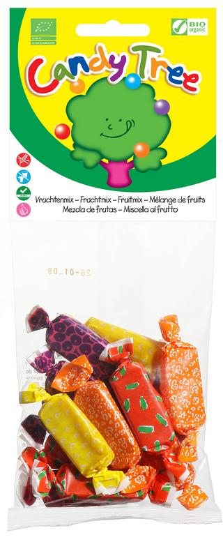 Candy Tree bio fruit toffees mix in a 75g package, colorful assortment of natural, organic snoepgoed candies.