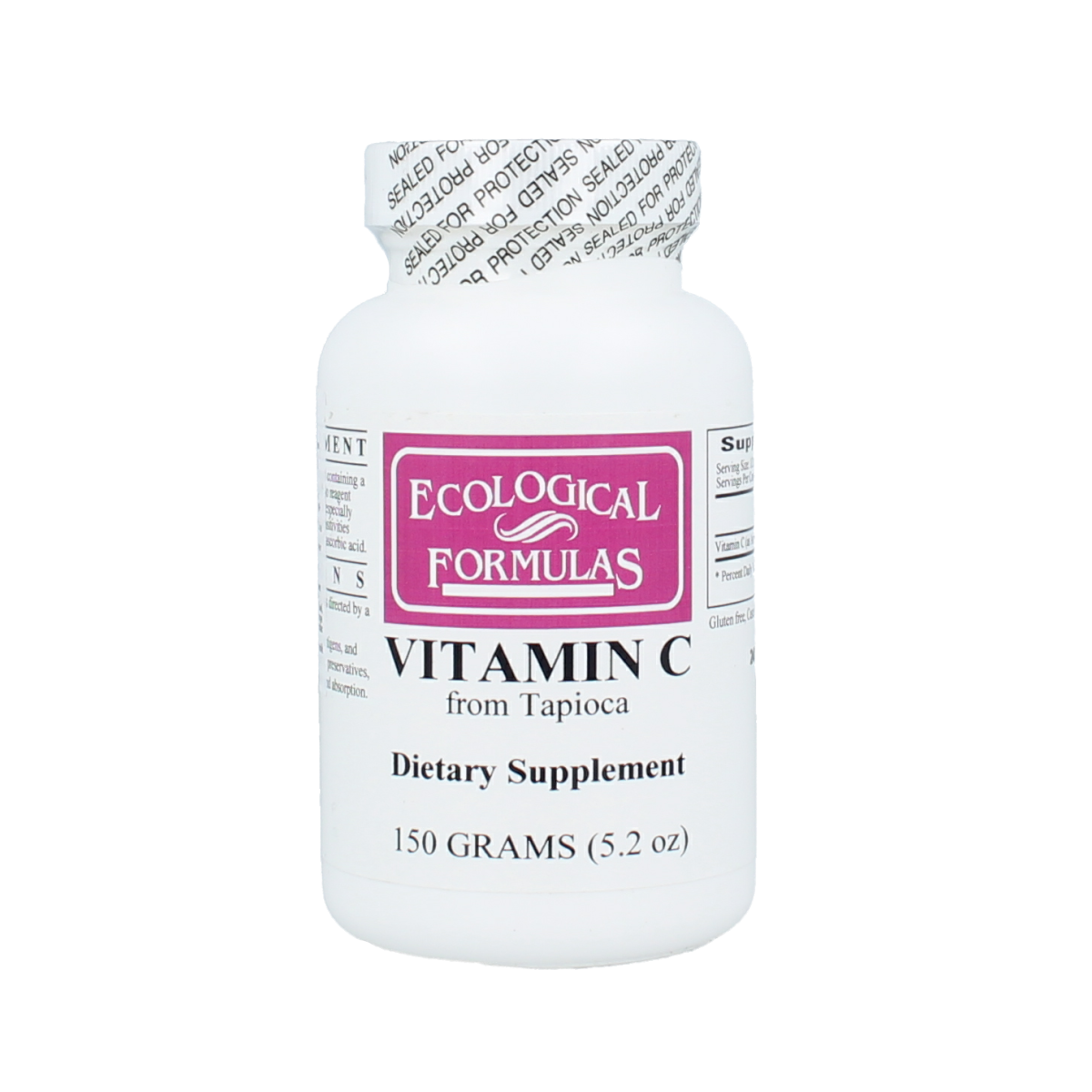 Ecological Form Vitamin C dietary supplement in 150g eco-friendly packaging with natural orange flavor.