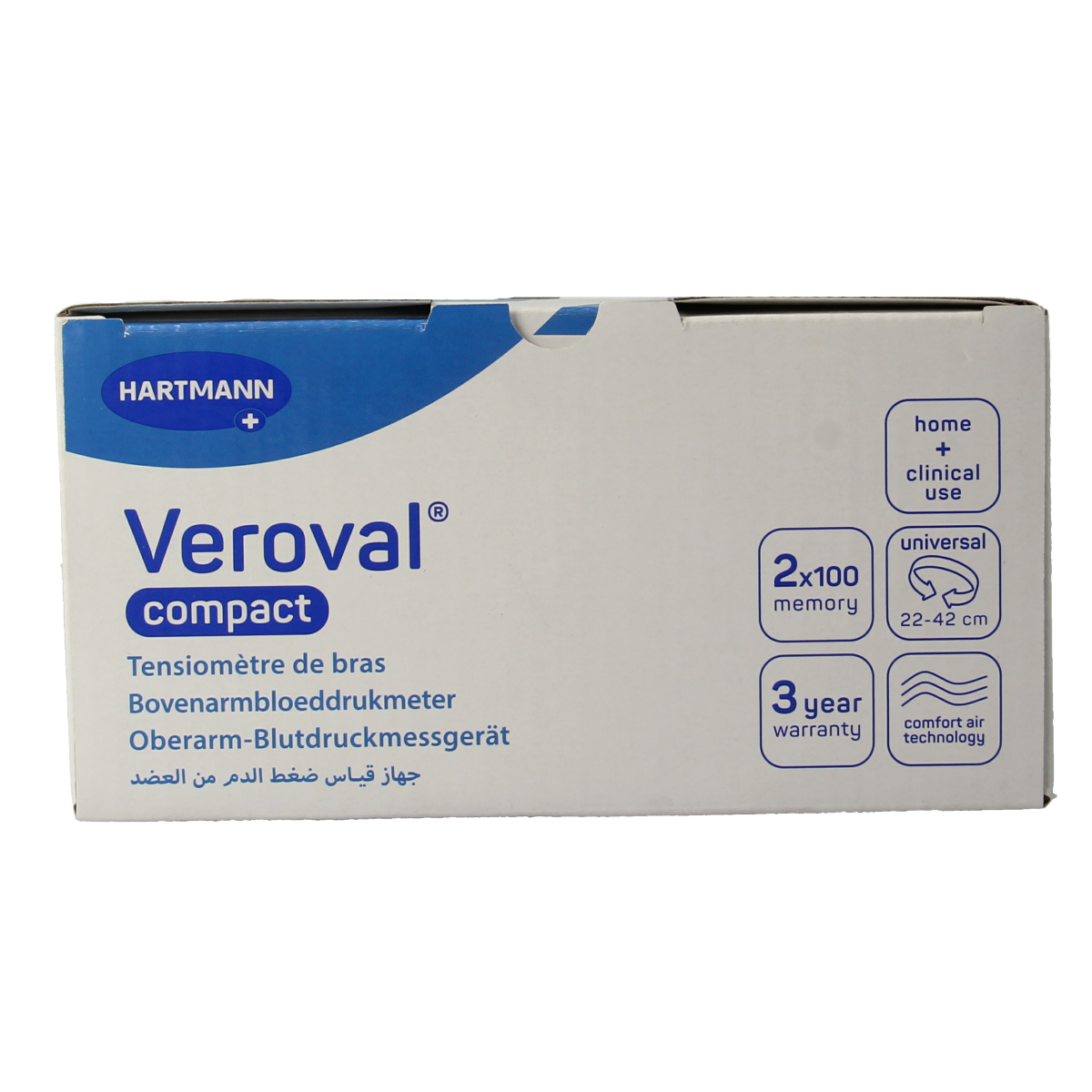 Veroval compact blood pressure monitor with cuff, BPU22 LG2 P1, shown with display and cuff in use.