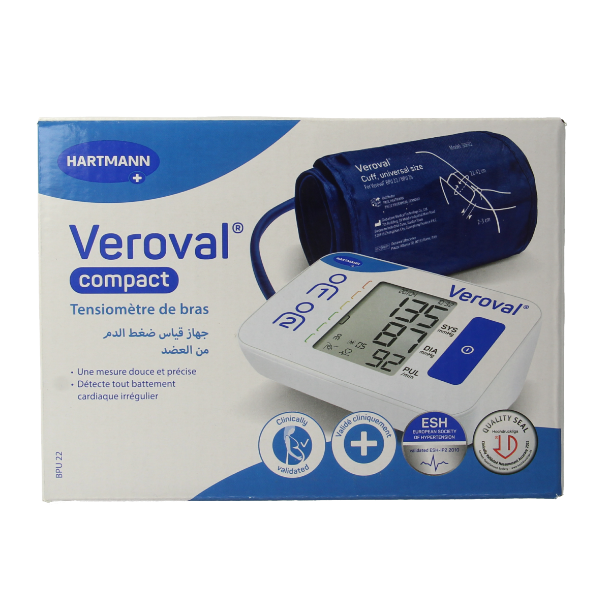 Veroval compact blood pressure monitor BPU22 LG2 P1 with cuff, digital display, and control buttons.