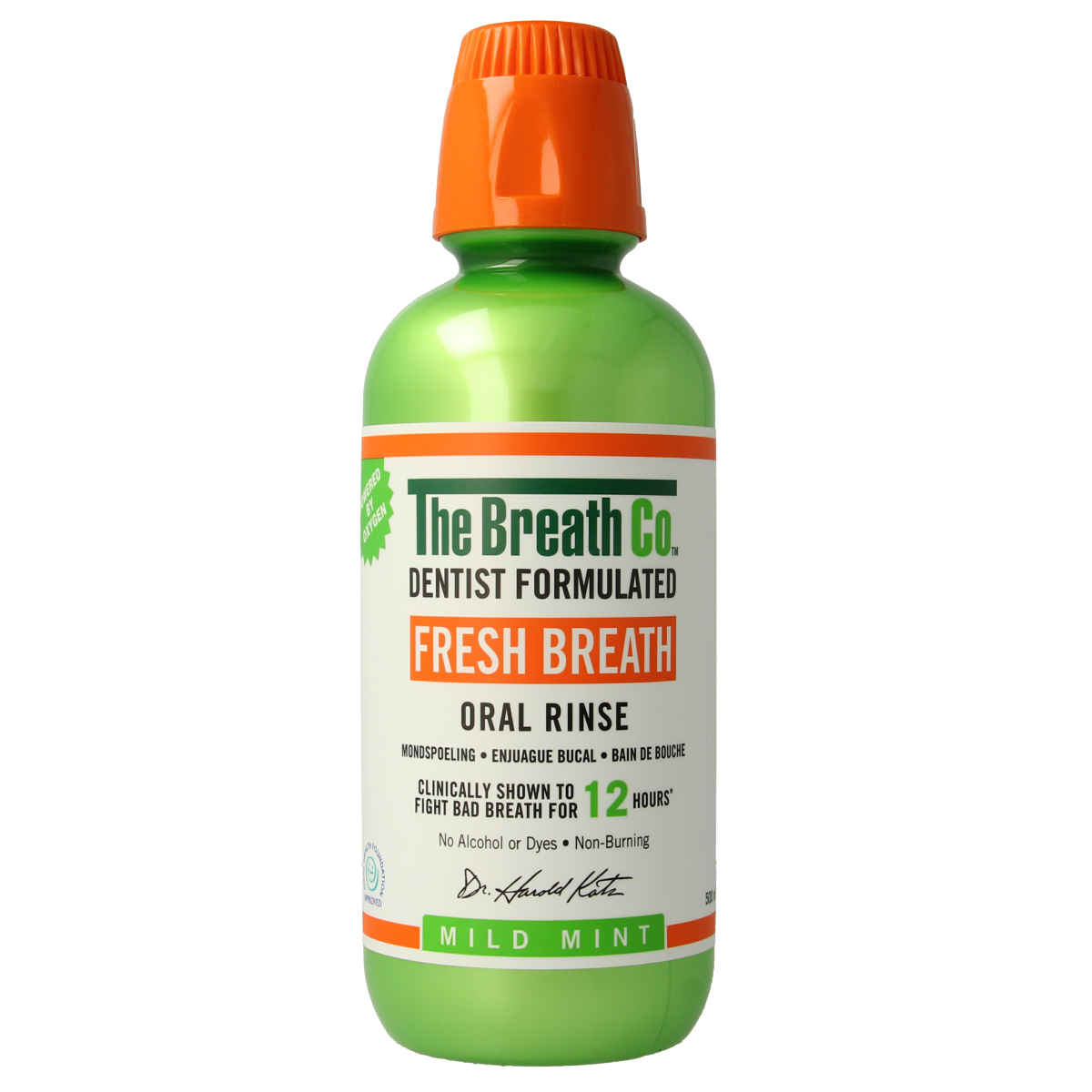 The Breath Co Mild Mint mouthwash in a 500ml bottle, showing the product label and transparent liquid.