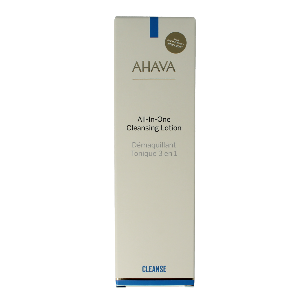Ahava All in One Toning Cleanser bottle for facial skincare, 250ml, with clear label and pump dispenser.