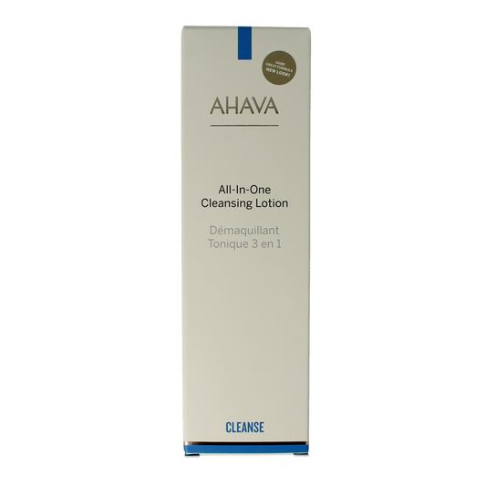 Ahava All in One Toning Cleanser bottle for facial skincare, 250ml, with clear label and pump dispenser.