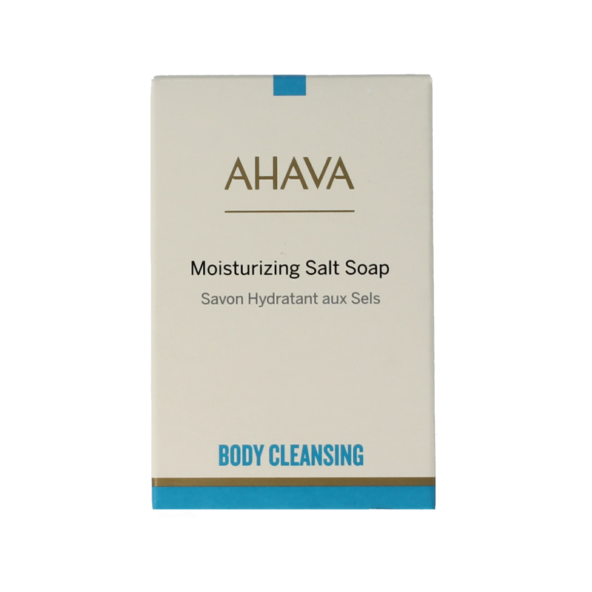 Ahava moisturizing salt soap bar with natural salt ingredients, 100 grams, in a sleek packaging.