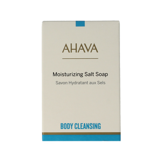 Ahava moisturizing salt soap bar with natural salt ingredients, 100 grams, in a sleek packaging.