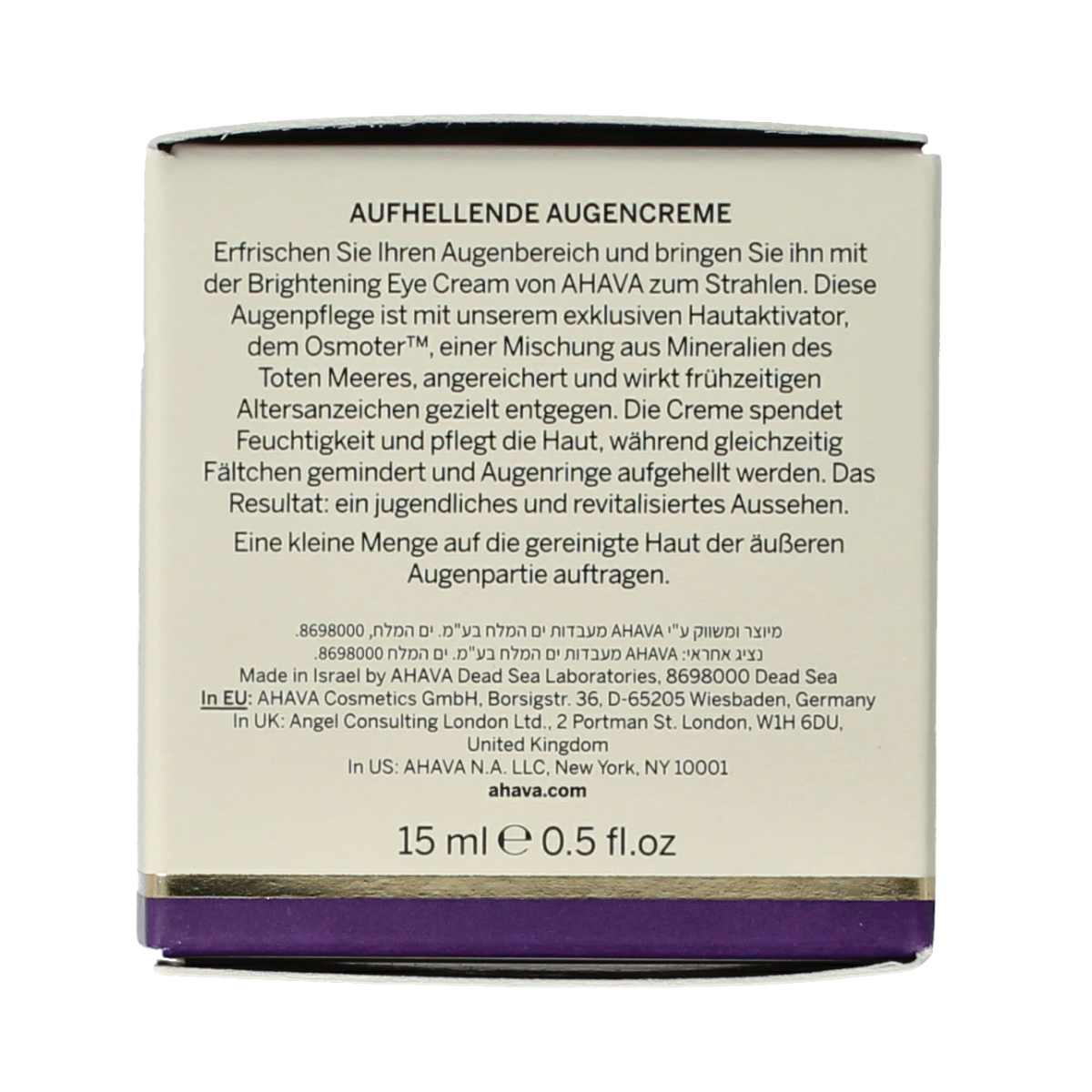 Ahava Age Control Bright Eye Creme in 15ml, an eye care product with smooth texture and brightening effects, designed for youthful eyes.