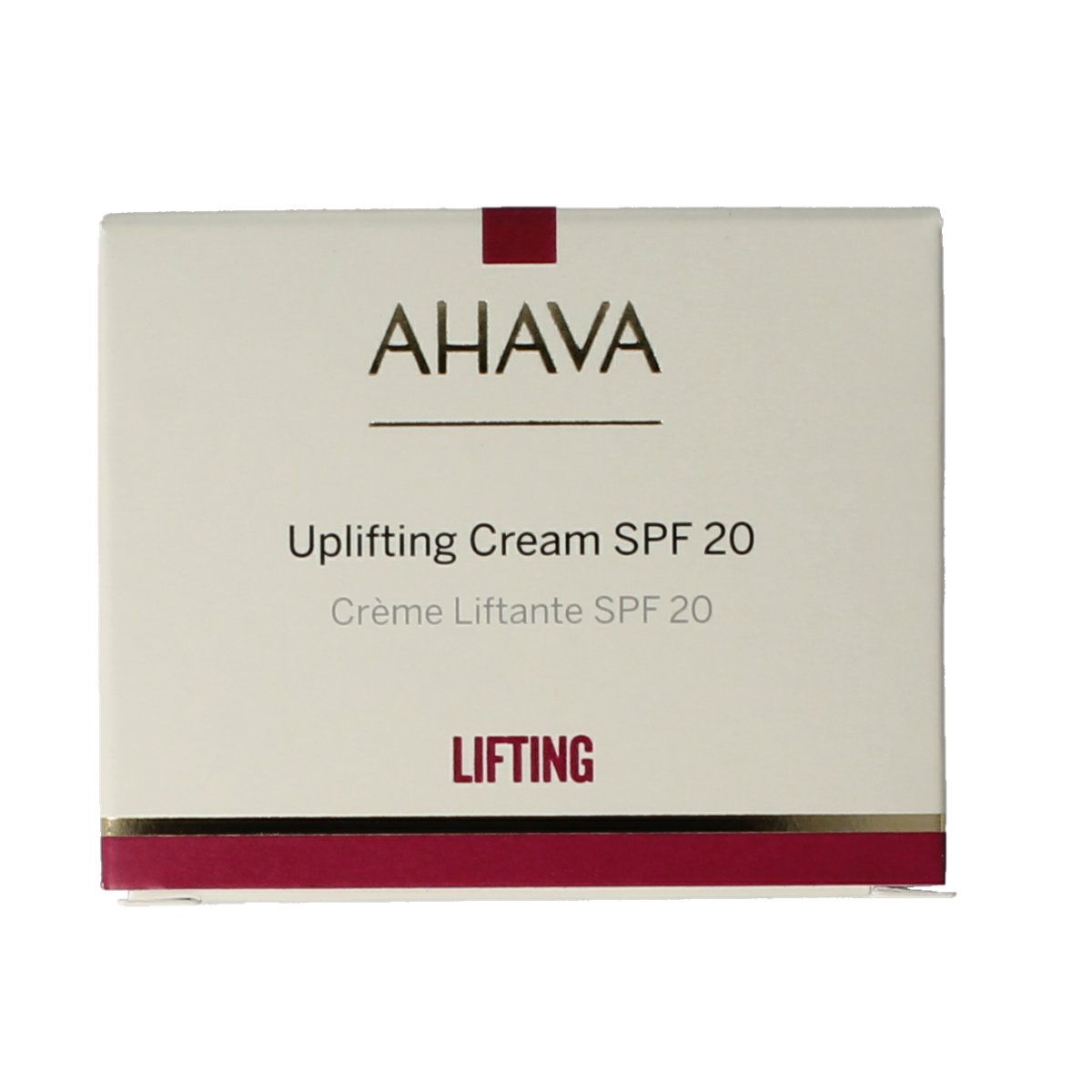 Ahava Uplifting Day Cream SPF20 in 50ml jar, hydrating facial moisturizer with SPF protection, suitable for daily skincare.