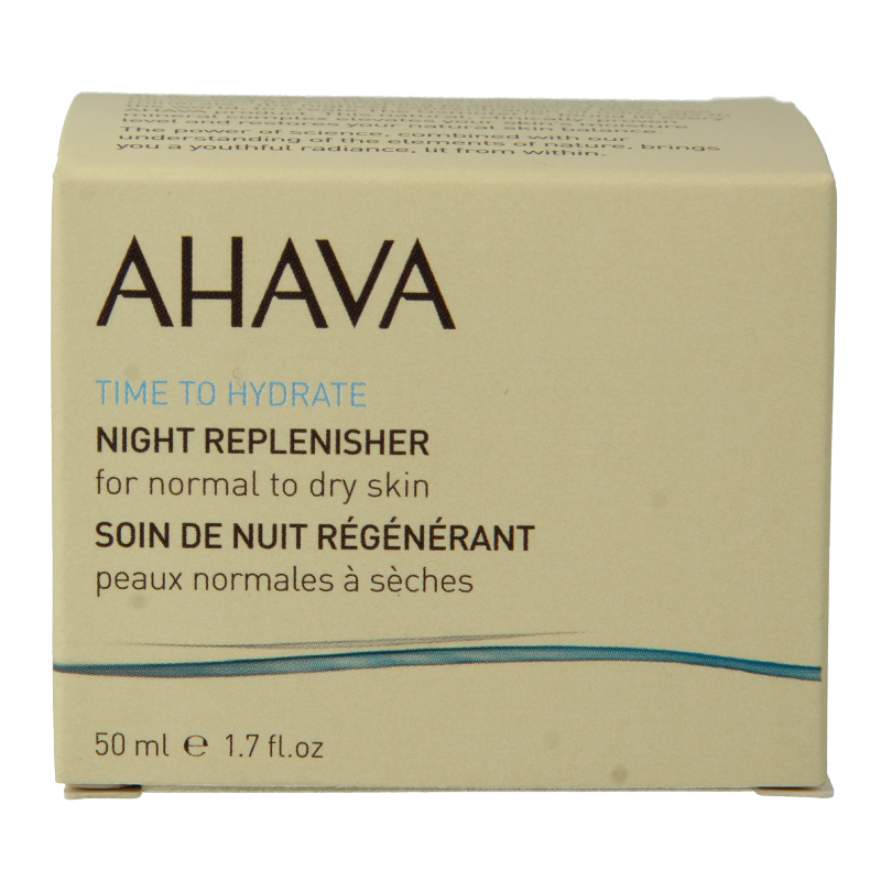 Ahava Night Replenisher for normal to dry skin in a 50ml bottle, facial skincare product with a sleek design.