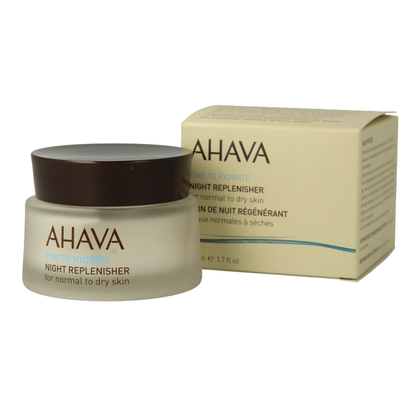 Ahava Night Replenisher for normal to dry skin in a 50ml jar, hydrating facial skincare product with a white cream texture.