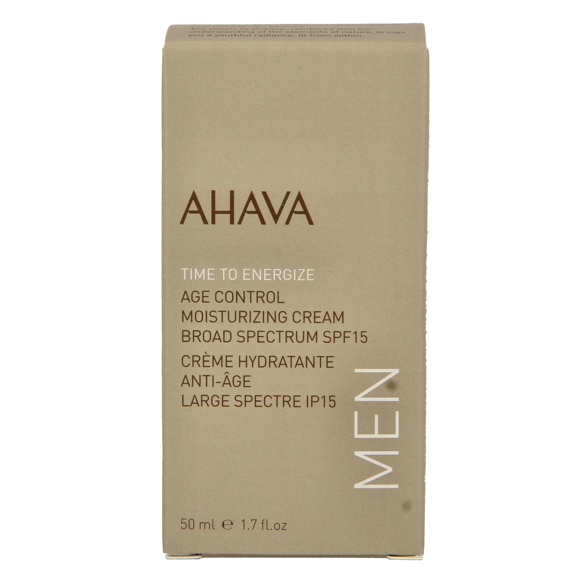 Ahava Men age control moisturizing face cream with SPF15 in 50ml, providing hydration and skin protection for men.