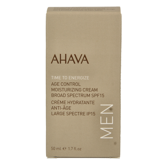 Ahava Men age control moisturizing face cream with SPF15 in 50ml, providing hydration and skin protection for men.