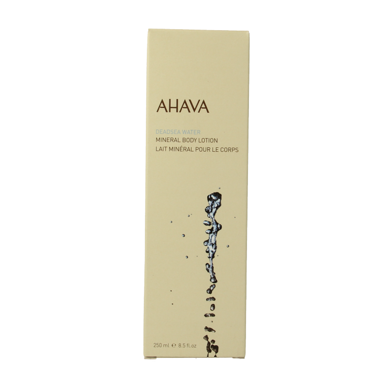 Ahava Mineral Body Lotion 250ml bottle showing the moisturizing lotion with mineral ingredients in a white and blue packaging