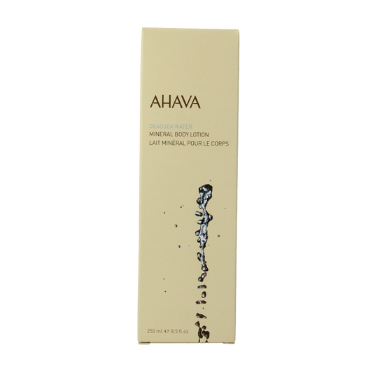 Ahava Mineral Body Lotion 250ml bottle showing the moisturizing lotion with mineral ingredients in a white and blue packaging