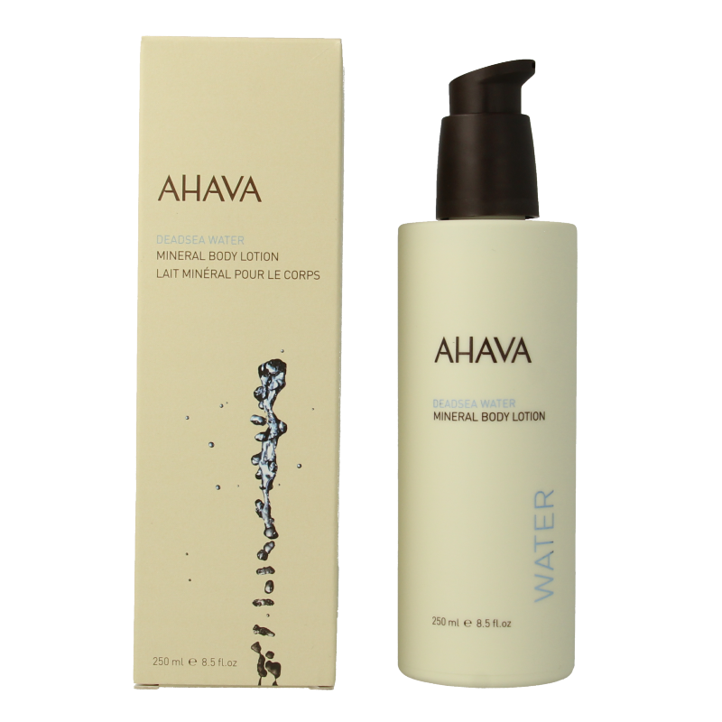 Ahava Mineral Body Lotion in 250ml bottle, moisturizing body care product with mineral ingredients for smooth skin.