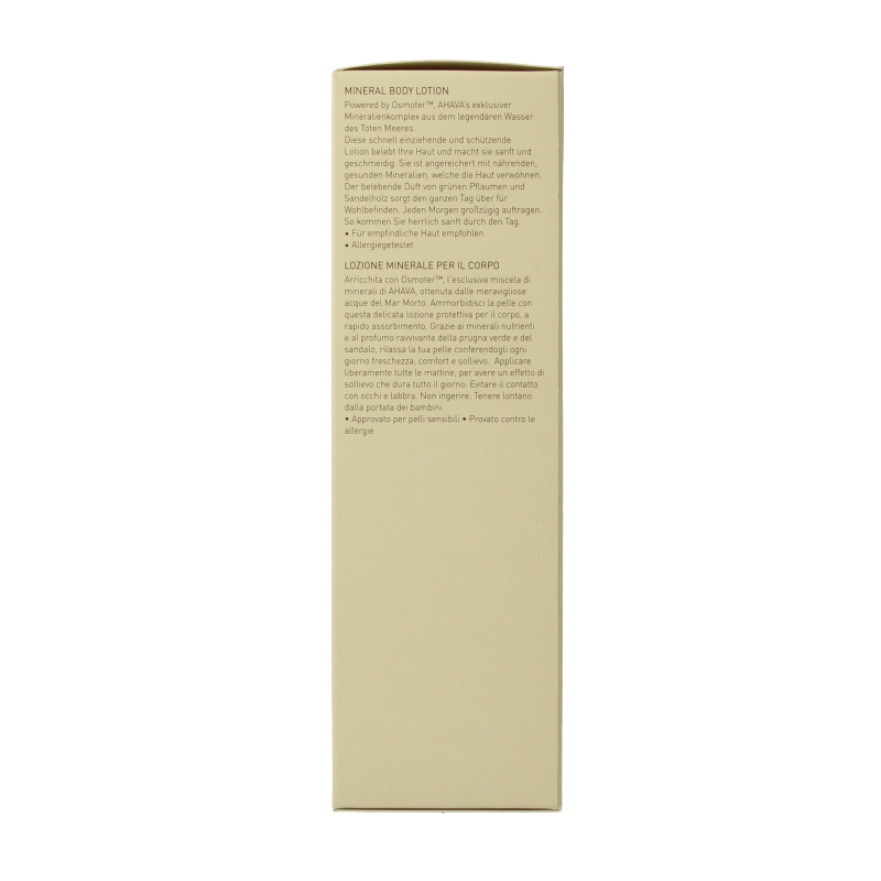 Ahava Mineral Body Lotion 250ml, moisturizing skincare product in a white bottle with blue cap, suitable for body care.