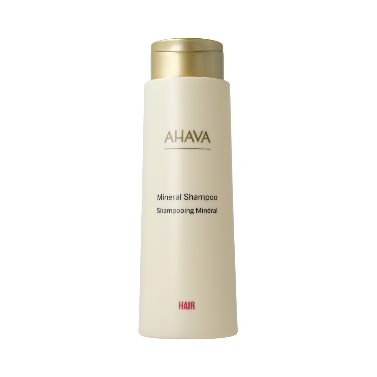 Ahava mineral shampoo bottle, 400ml, for hair care, with a sleek design and label featuring natural mineral ingredients.