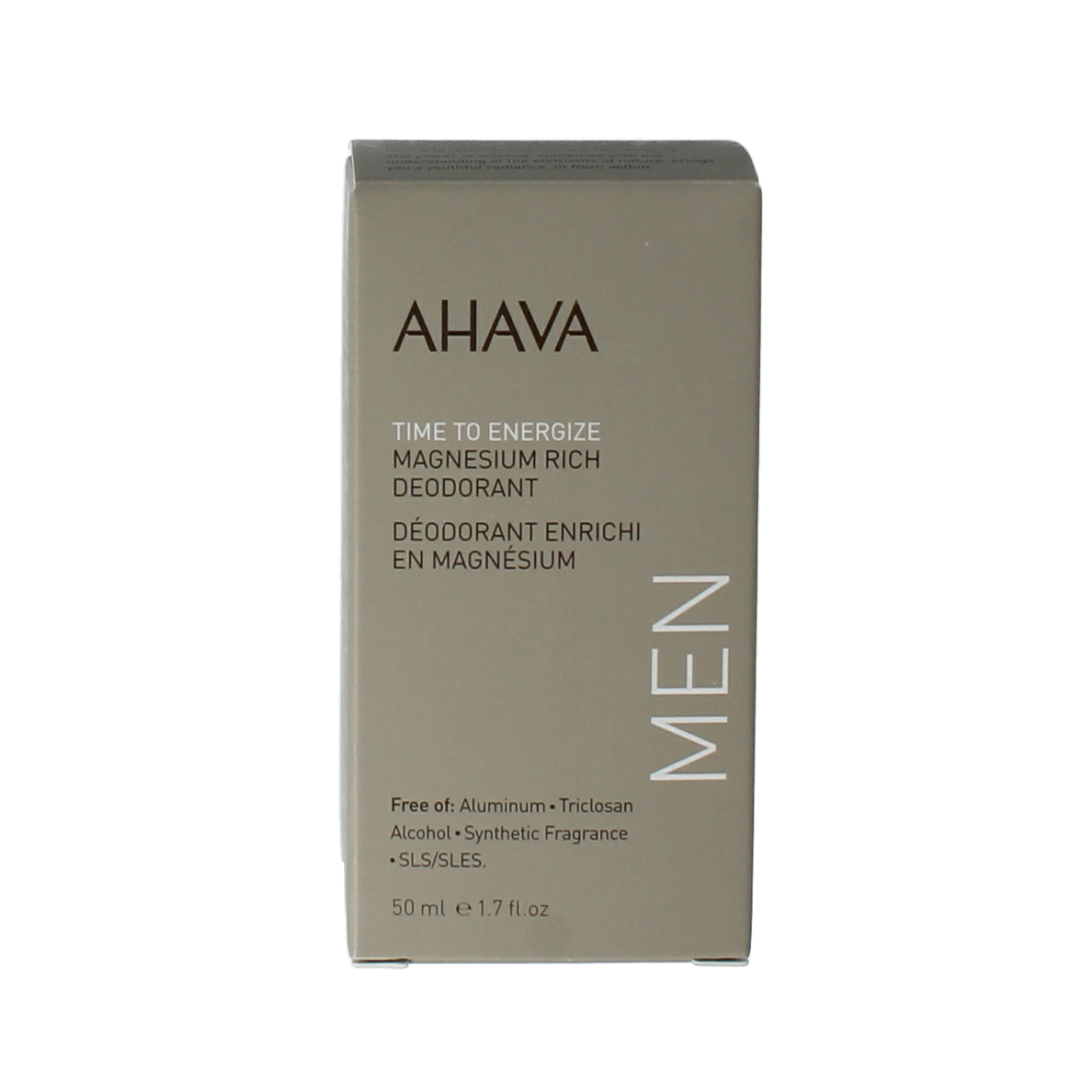 Ahava Men deodorant roll-on with magnesium, 50ml bottle, natural skincare product for odor control and freshness.