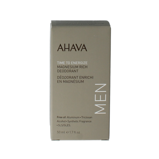 Ahava Men deodorant roll-on with magnesium, 50ml bottle, natural skincare product for odor control and freshness.