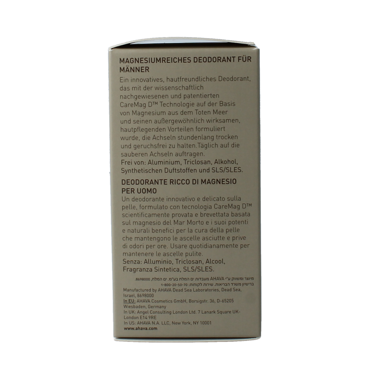 Ahava Men deodorant roll-on with magnesium, 50ml, showcasing the clear bottle and applicator for fresh, odor-protection.