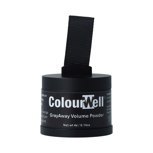 Colourwell GreyAway Dark Brown volume powder in 4g container, hair styling product for covering grey hair.