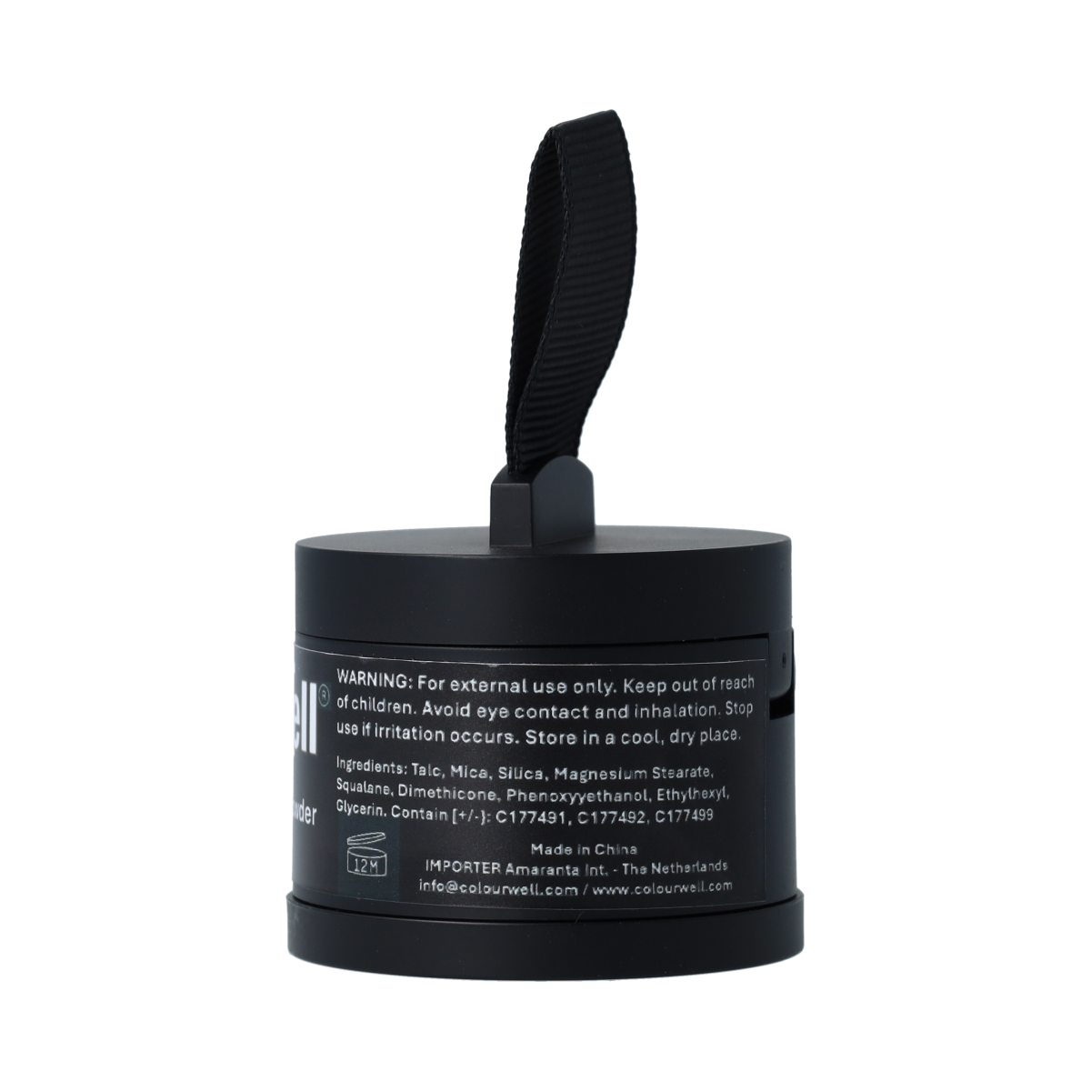 Colourwell GreyAway Volume Powder in dark brown, 4g, for hair styling, showing the powder container with dark brown styling product.